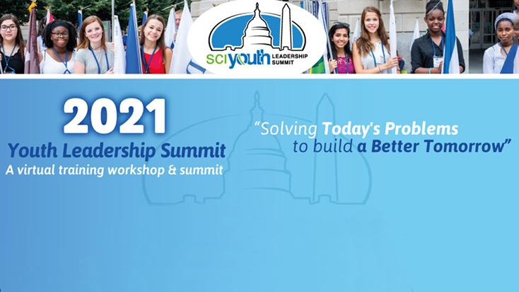 2021 Youth Leadership Summit header image with young people holding international flags