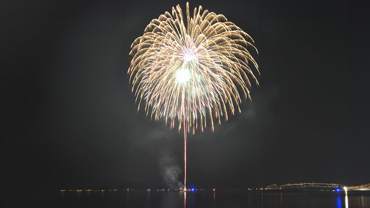 37th Annual Hinase Minato Matsuri Fireworks Festival featuring a stunning fireworks display over a picturesque body of water.